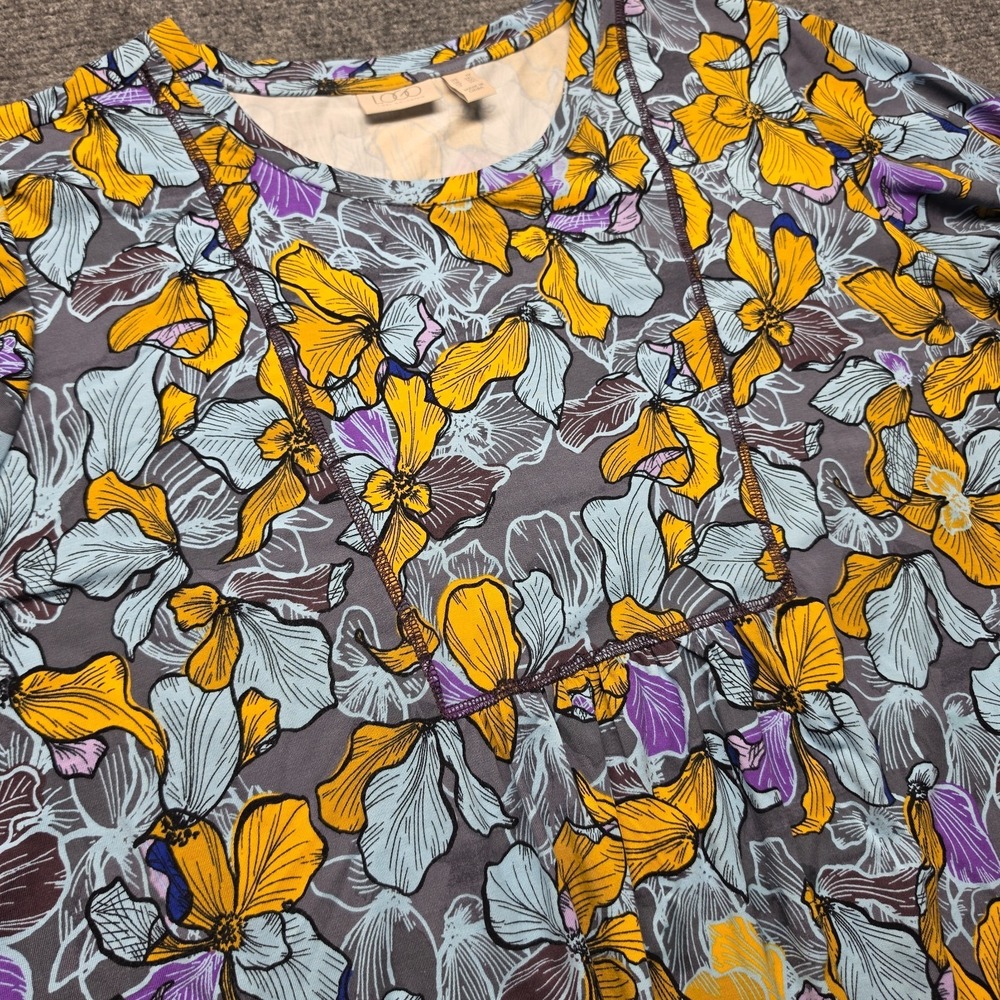 LOGO Lori Goldstein Floral Blouse Womens Plus 1X Yellow Gray Boho Tunic‎ Knit